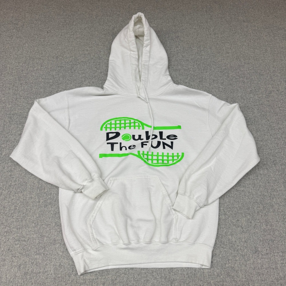 Gildan Hoodie Small White Double The Fun Tennis Graphic Sweatshirt Pullover S